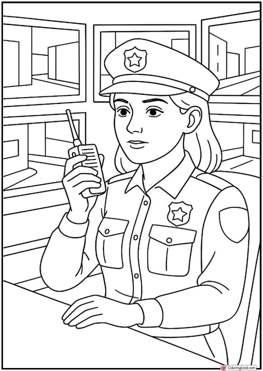 Policewoman with Radio in Security Monitoring Room