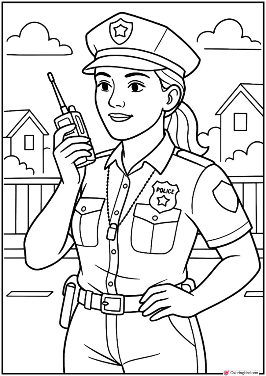 Policewoman Holding Radio on Patrol