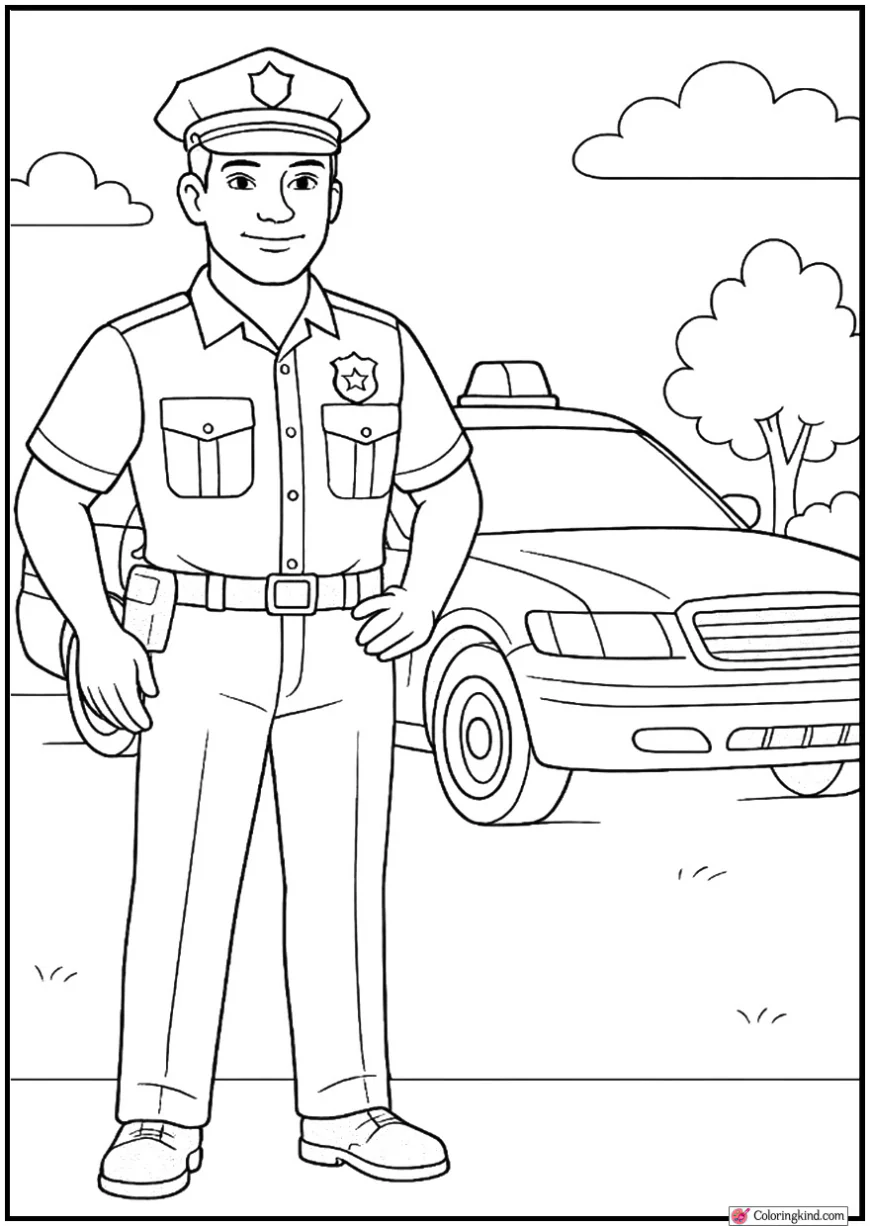 Police Officer Standing Beside Patrol Car