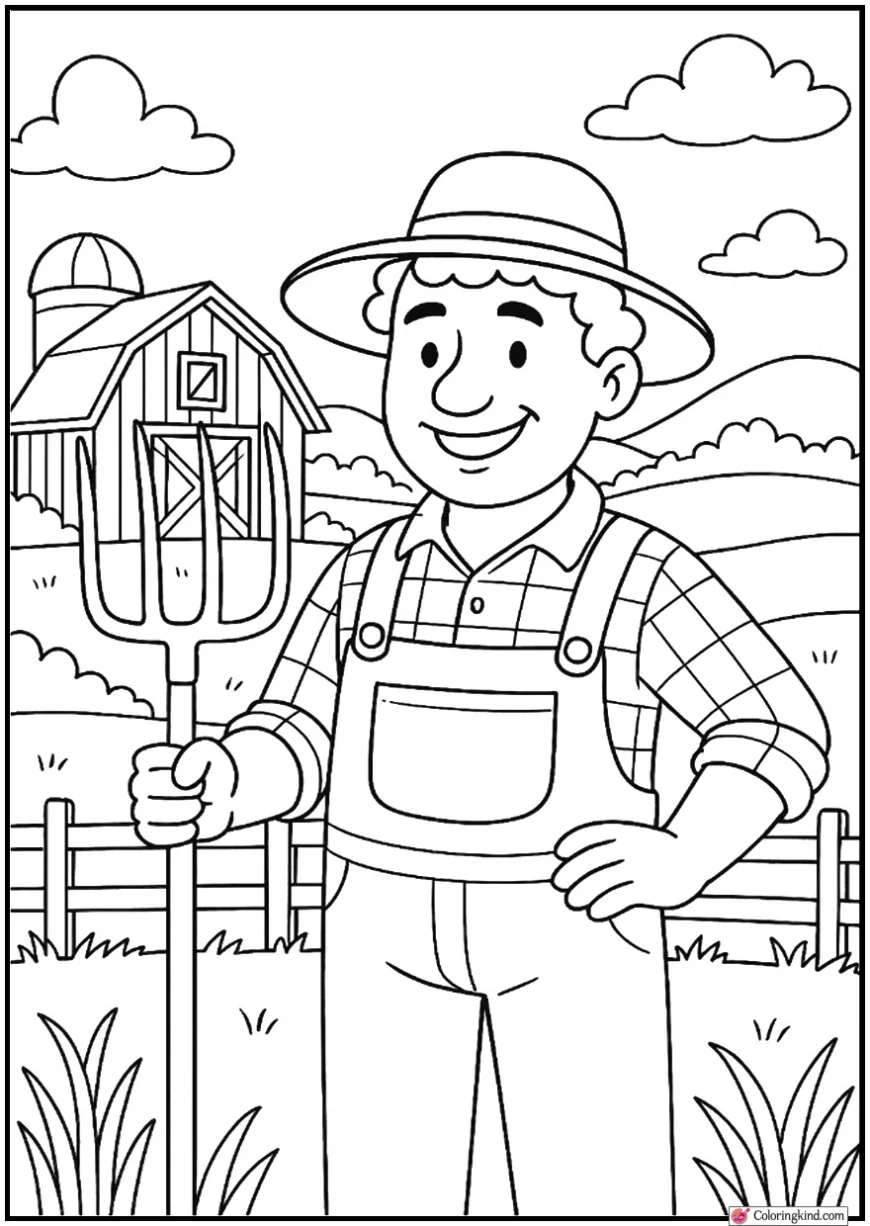 Friendly Farmer Standing with Pitchfork