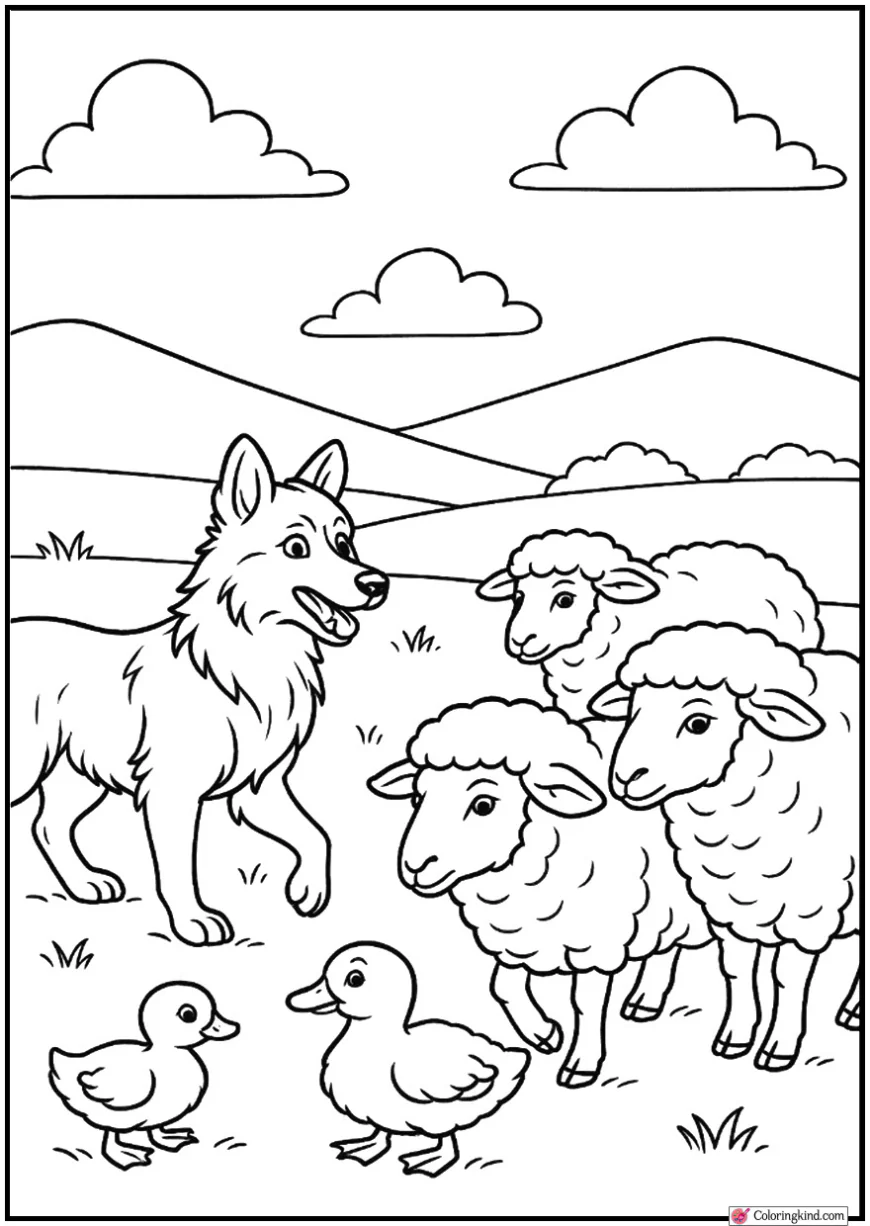 Sheepdog Herding Sheep in a open field