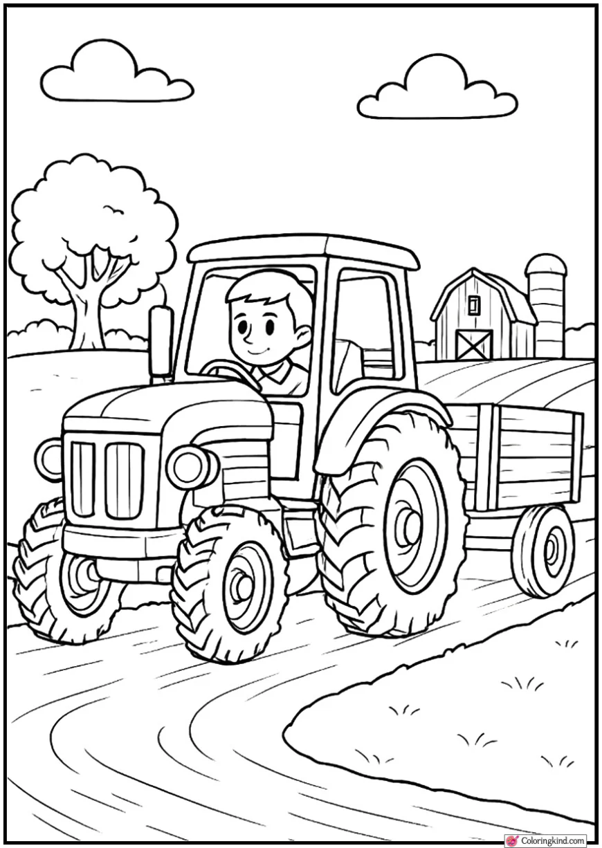 Tractor Pulling Trailer at Farm