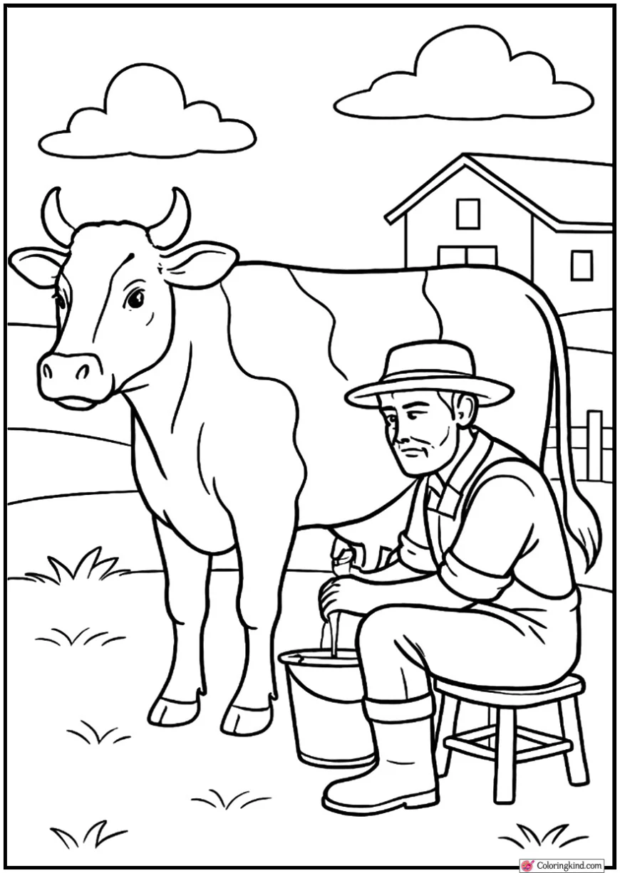 Farmer Milking Cow with Farm Background