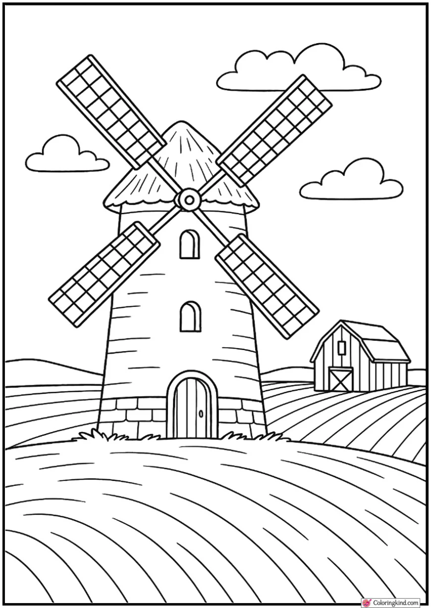 Windmill Beside Farmland with clouds and field
