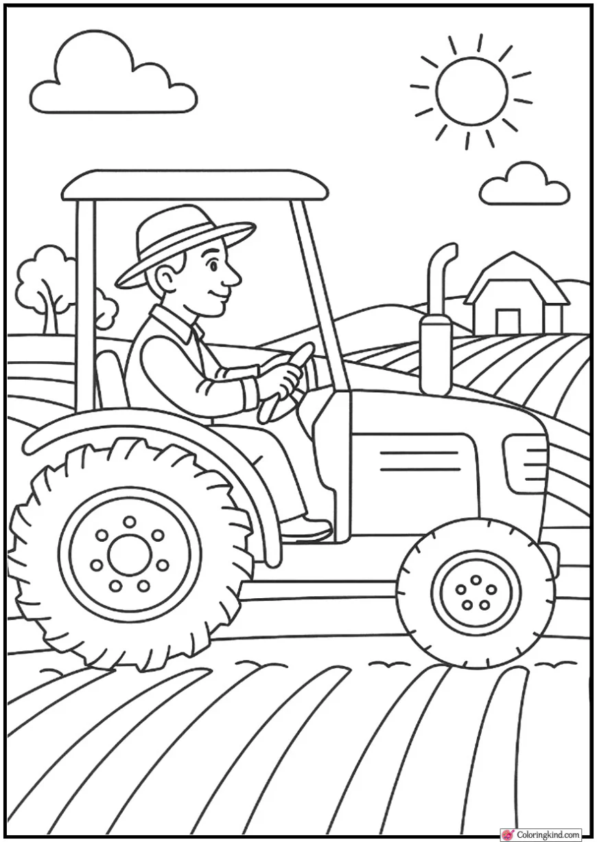 Farmer Driving Tractor with field rows background