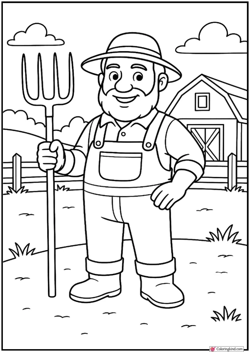 Friendly Farmer Holding Pitchfork in Simple Farmyard