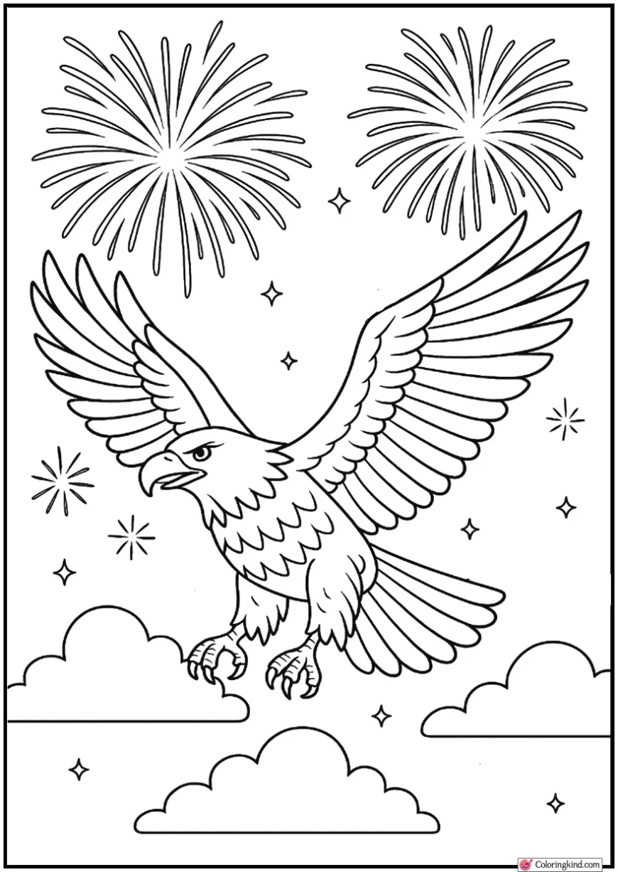 American Eagle Soaring With Fireworks