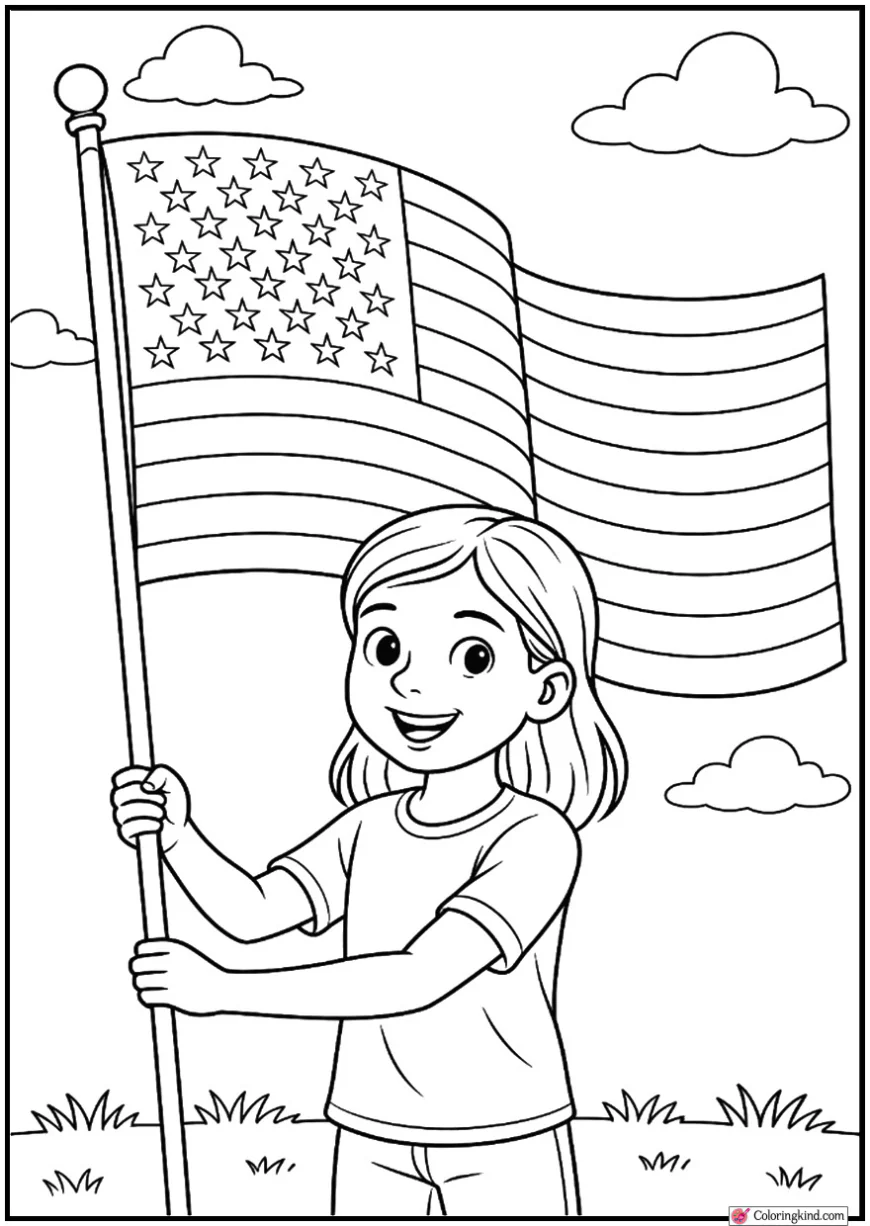 Girl Holding Large USA Flag