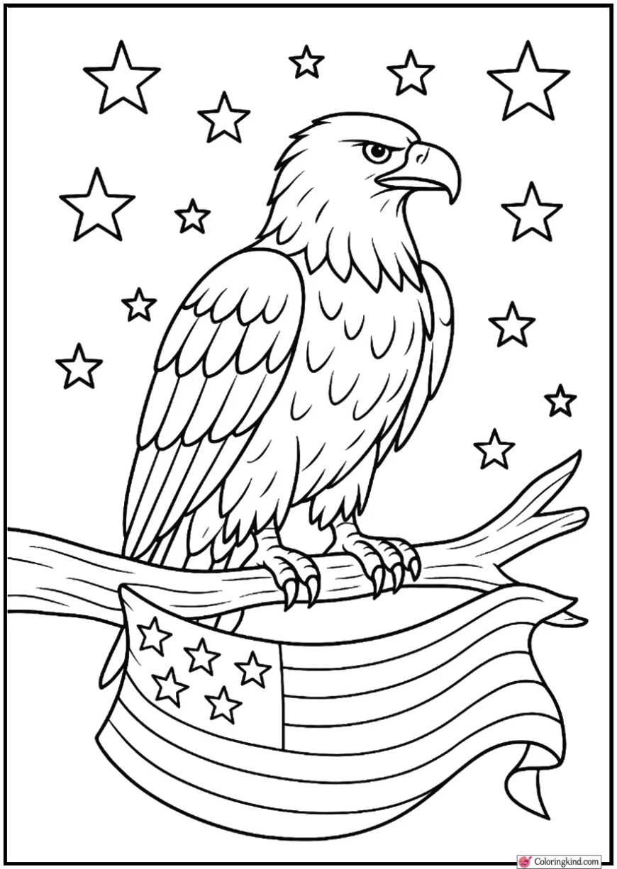 Eagle on Branch With Flag Ribbon