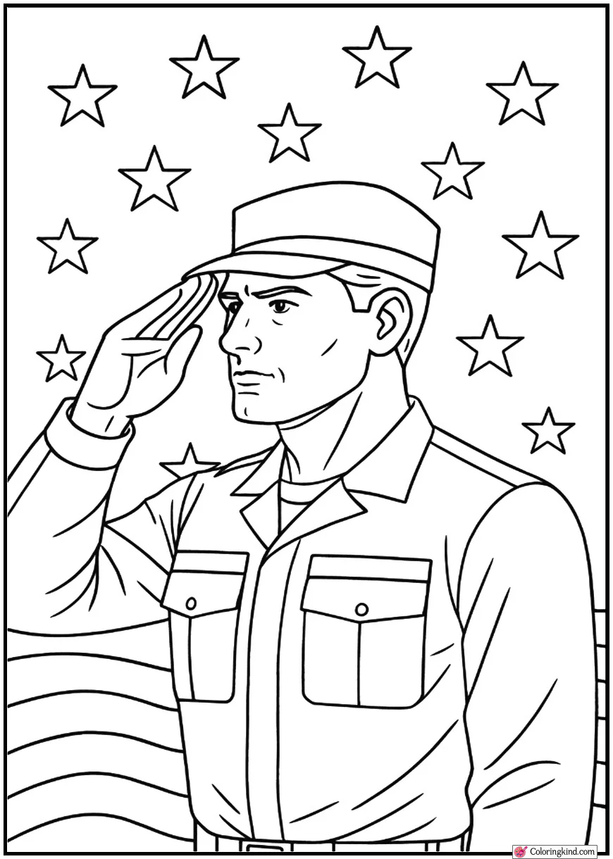 Saluting Soldier Outline with Gentle Star Pattern