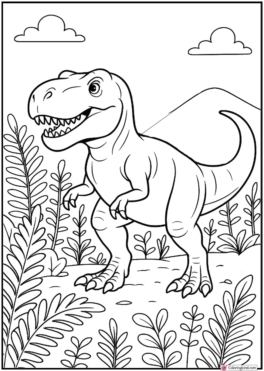 T-Rex Walking Through Fern Forest