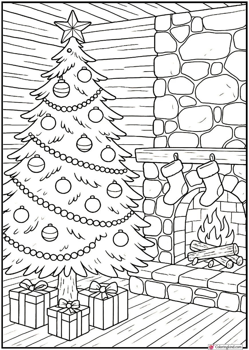 Christmas Tree Beside Stone Fireplace