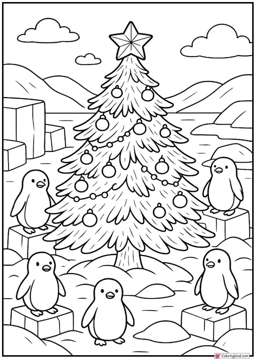 Christmas Tree Surrounded by Penguins