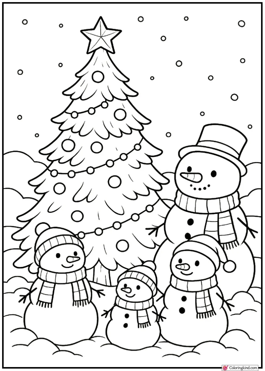 Christmas Tree with Snowman Family