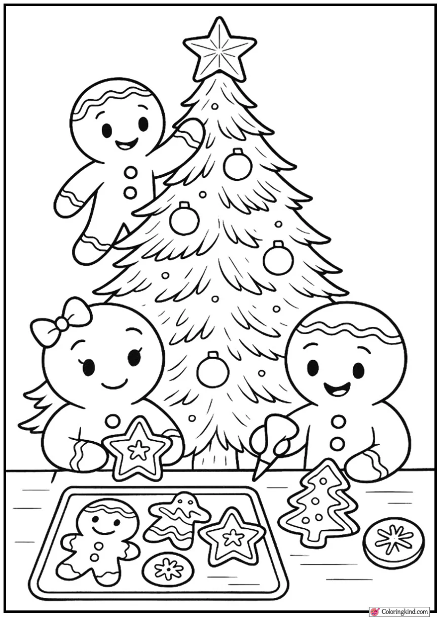 Christmas Tree with Gingerbread People Decorating Cookies