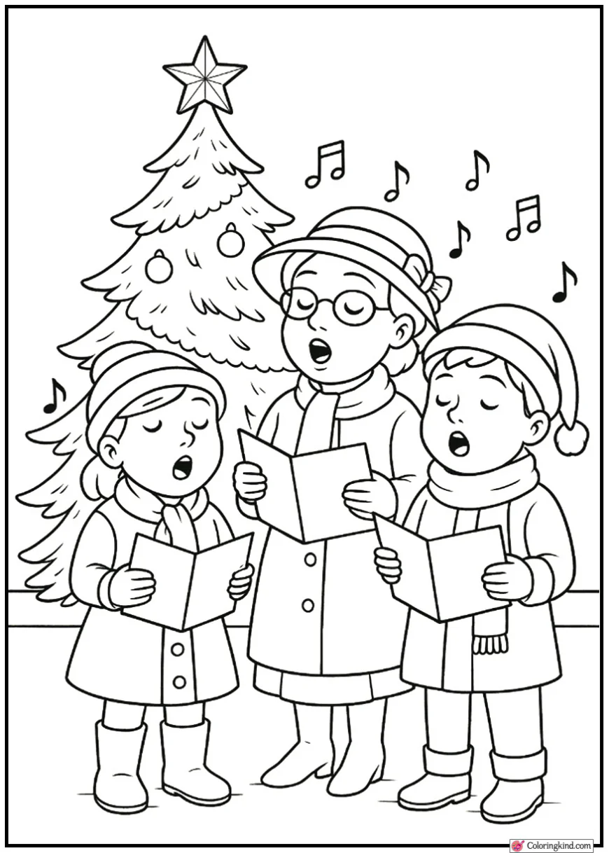 Christmas Tree with Carolers Holding Songbooks