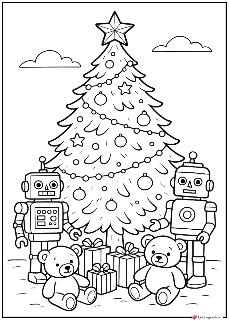 Christmas Tree with Toy Robots and Teddy Bears