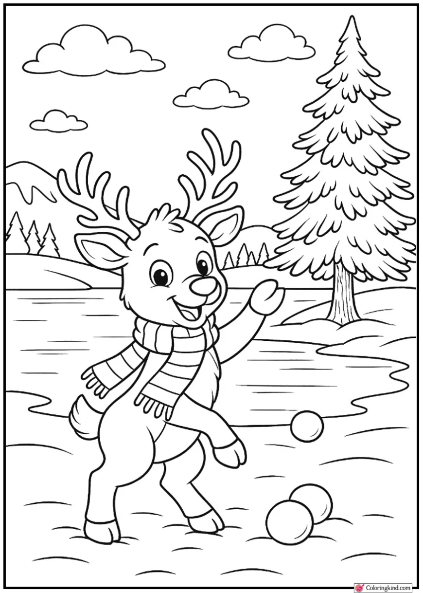 Reindeer Playing with Snowballs Near Frozen Lake