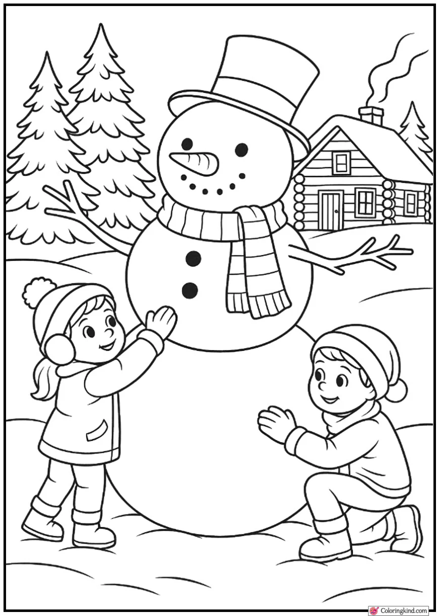 Children Building Giant Snowman Near Forest Cabin