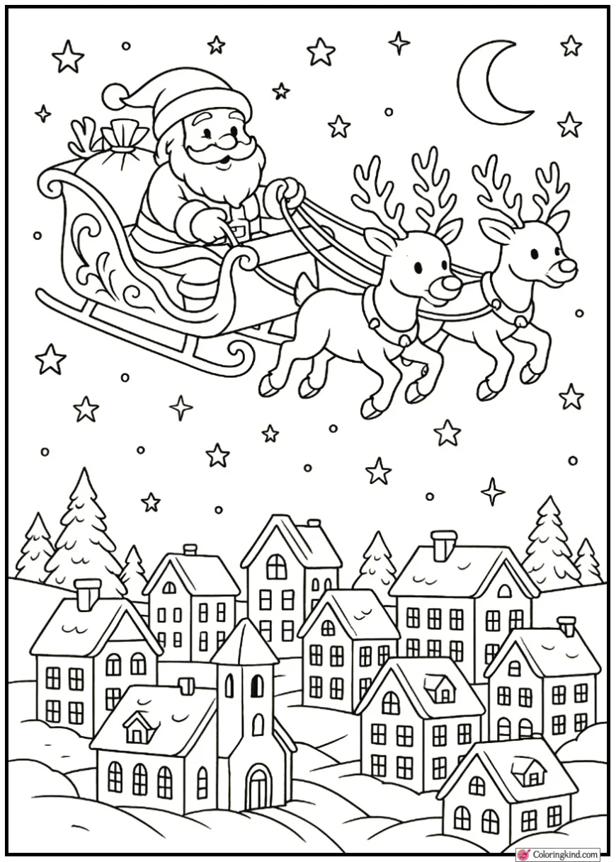 Santa Flying Sleigh Over Snowy Town at Midnight