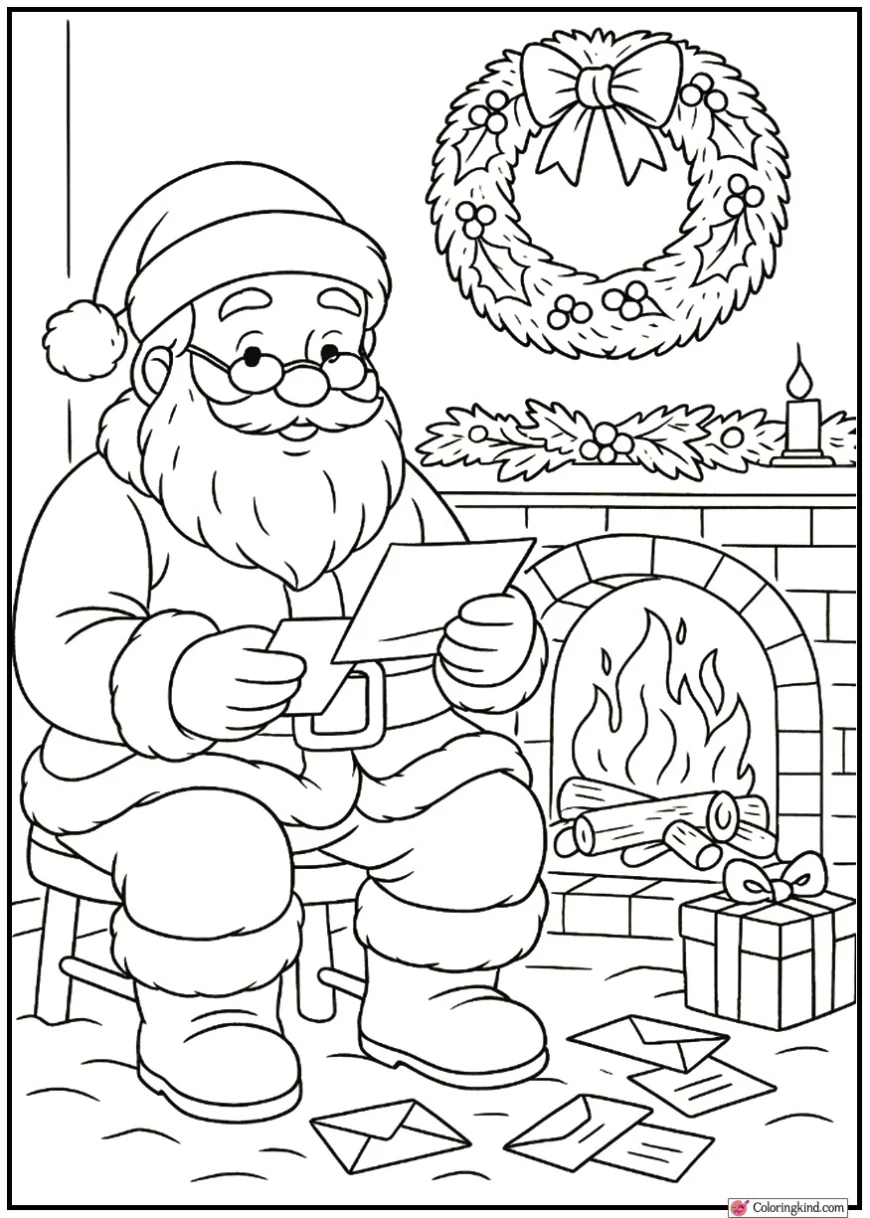 Santa Claus Reading Letters Beside Crackling Fireplace