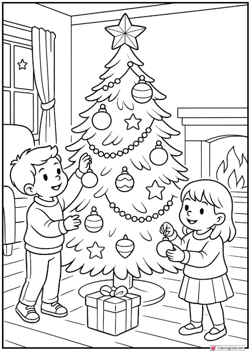 Christmas Tree with Children Hanging Ornaments