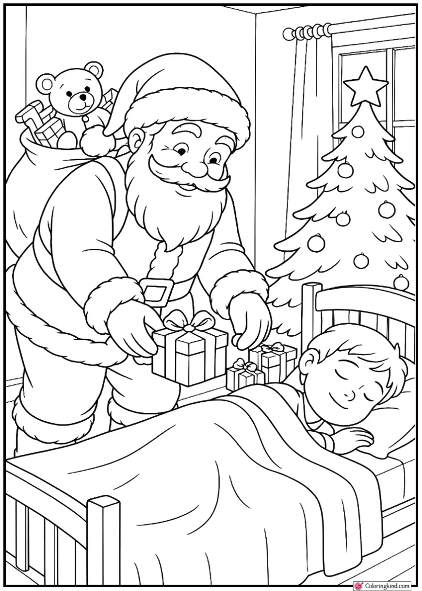 Santa Delivering Gifts to Sleeping Children’s Bedroom