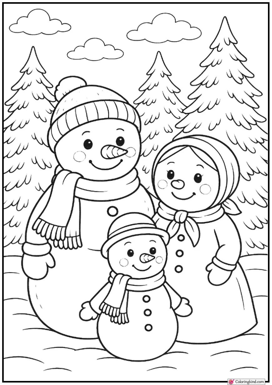 Snowman Family Standing Beside Frosted Pine Trees