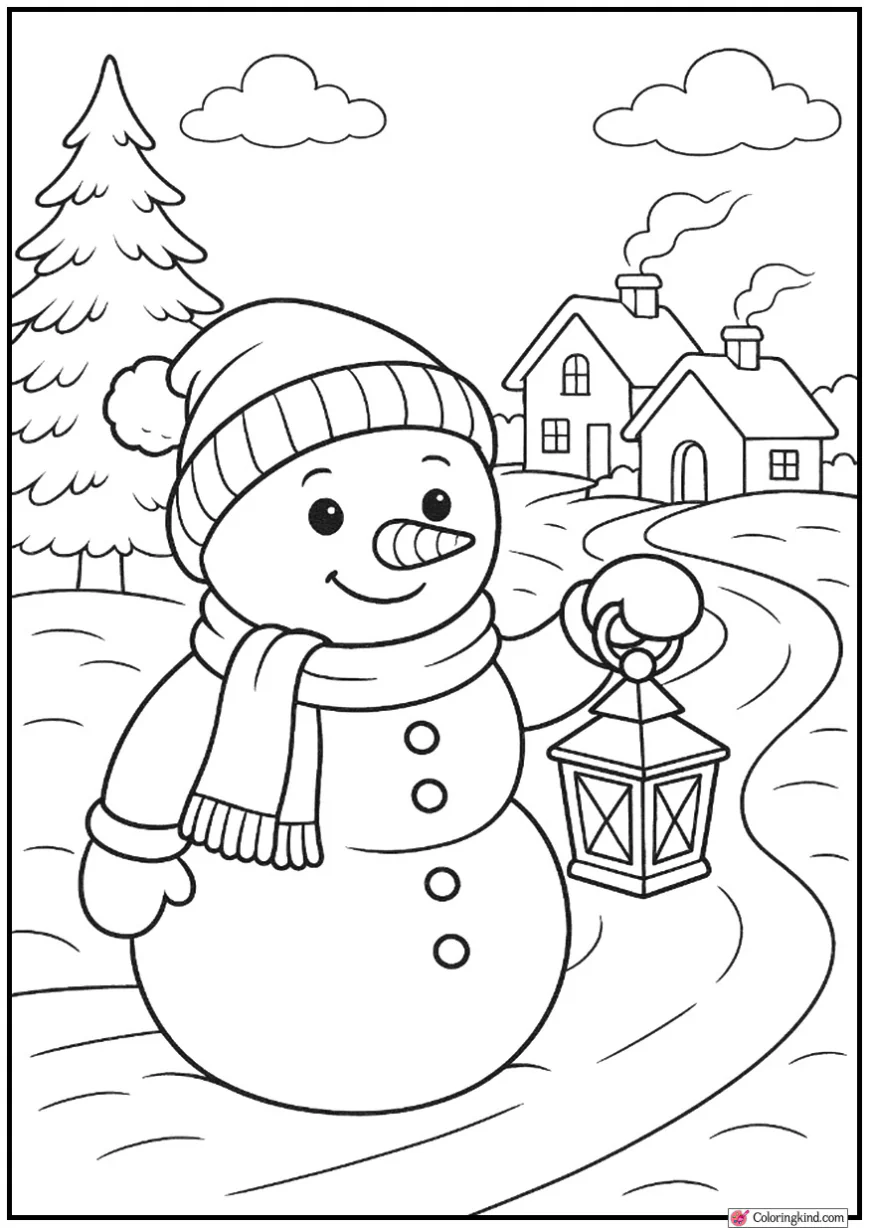 Snowman Holding Lantern on Winter Village Path