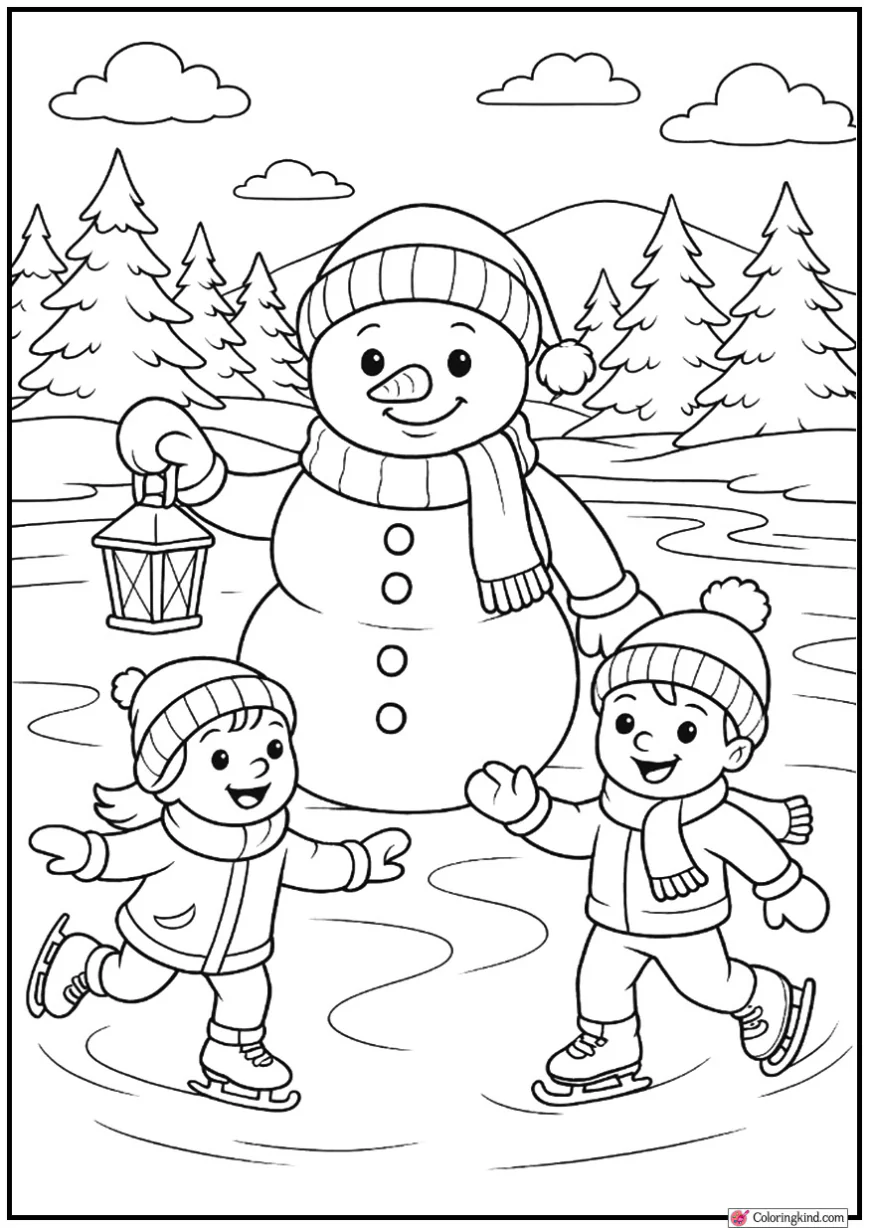 Snowman with Children Ice Skating on Frozen Lake