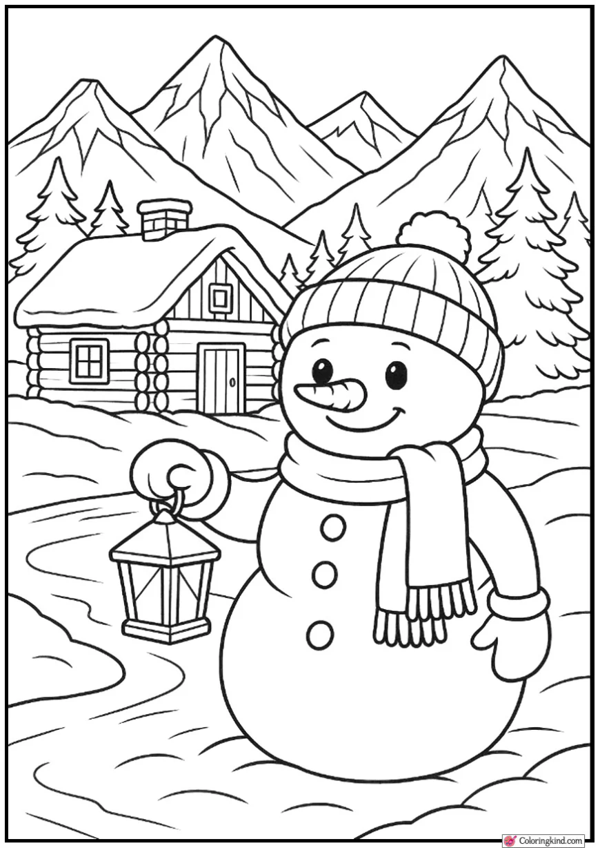 Snowman Beside Rustic Cabin and Snowy Mountains