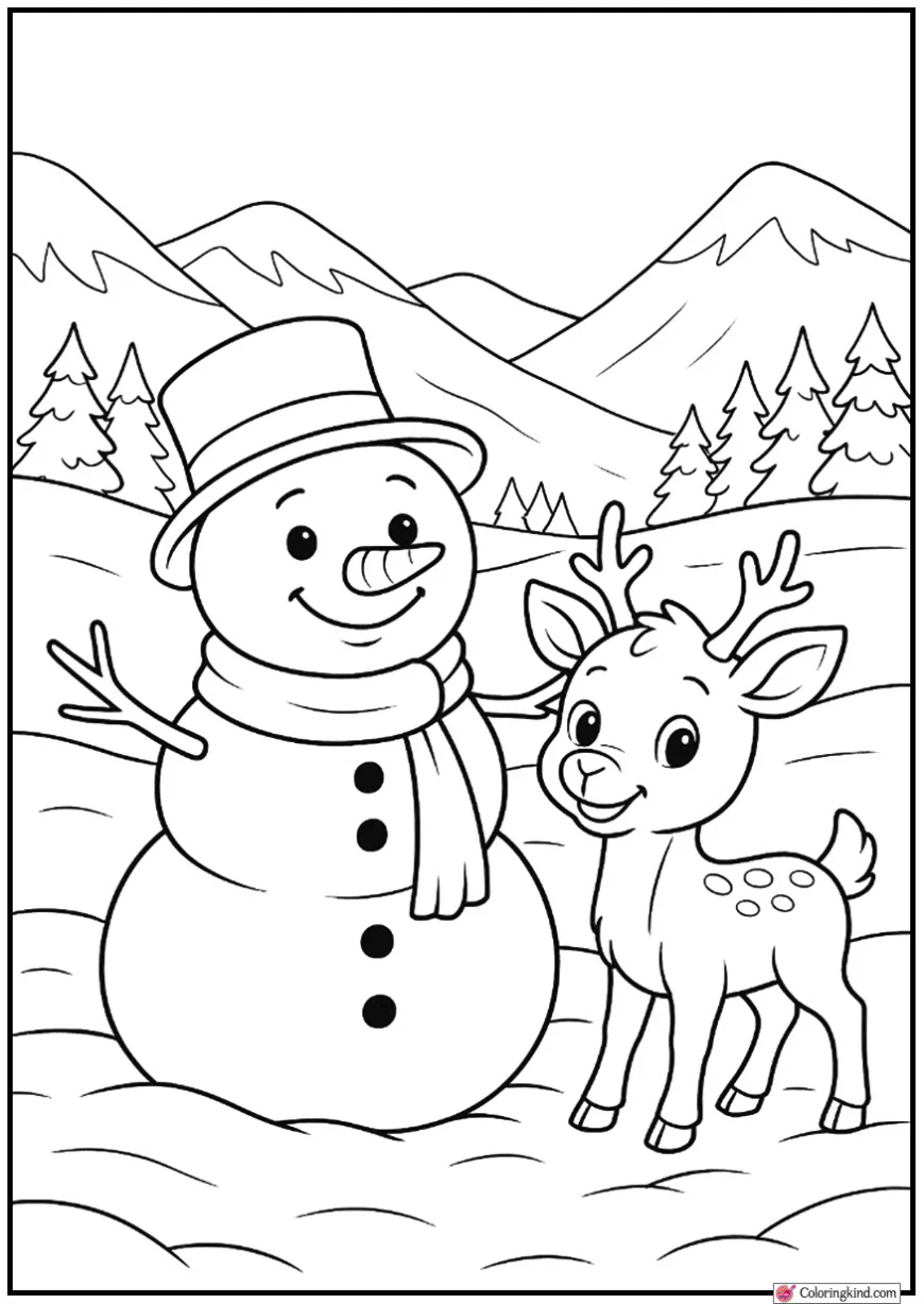 Snowman with Reindeer in Snow-Covered Valley