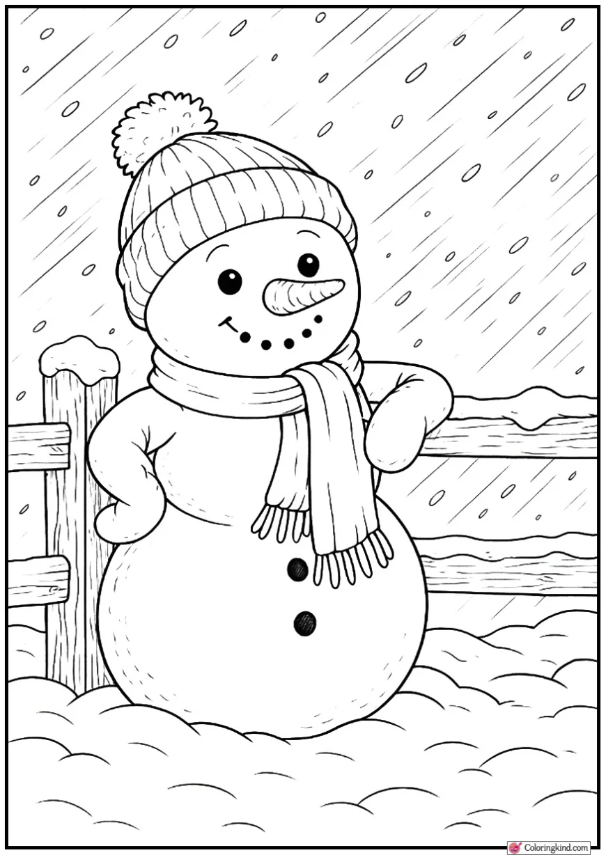 Snowman Leaning on Old Wooden Fence in Blizzard