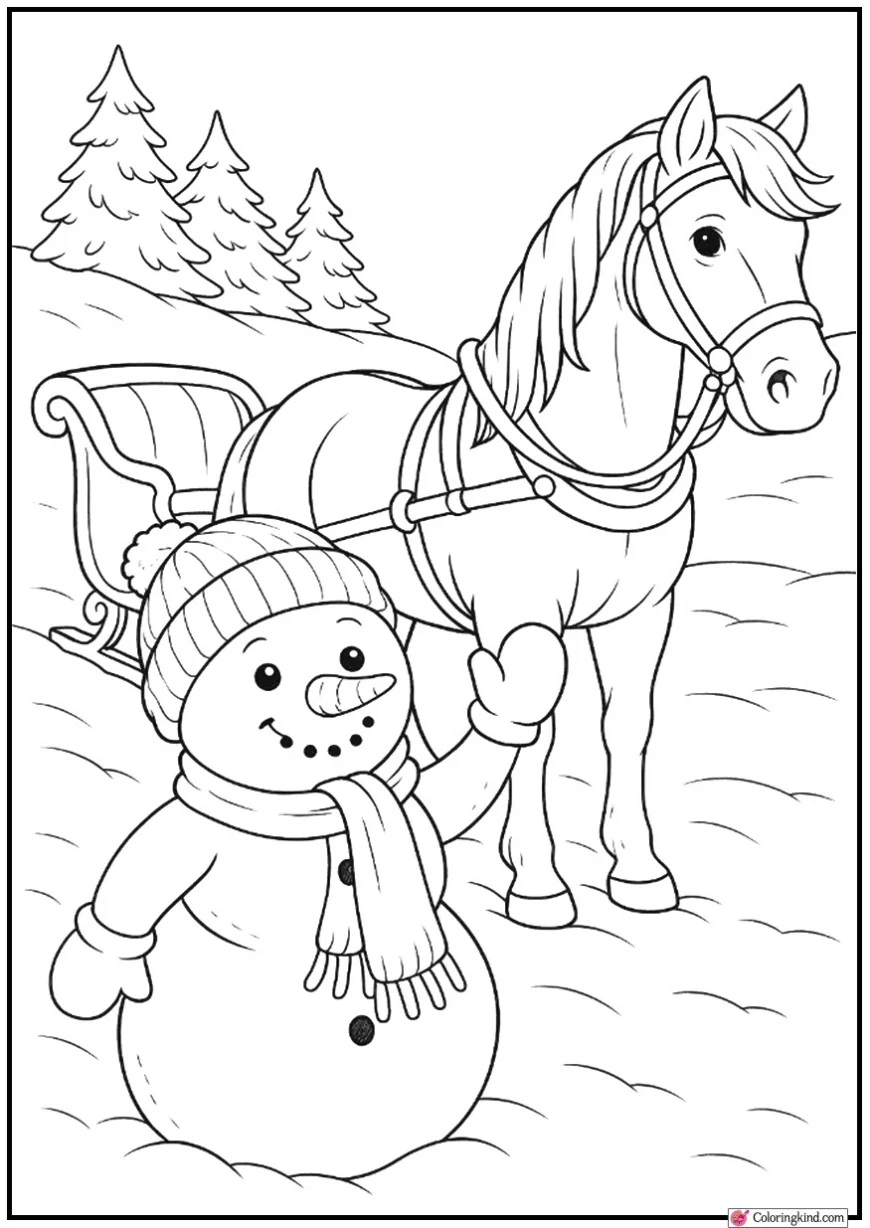 Snowman Waving Beside Horse-Drawn Sleigh