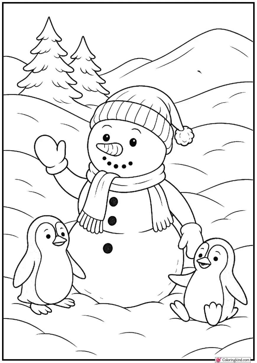 Snowman and Penguin Friends on Snowy Hills