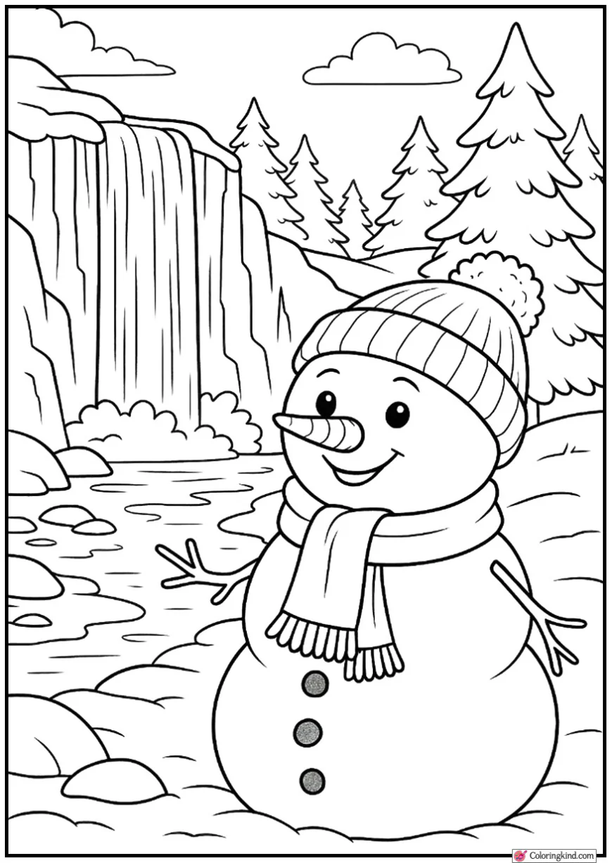 Snowman Standing Near Frozen Waterfall