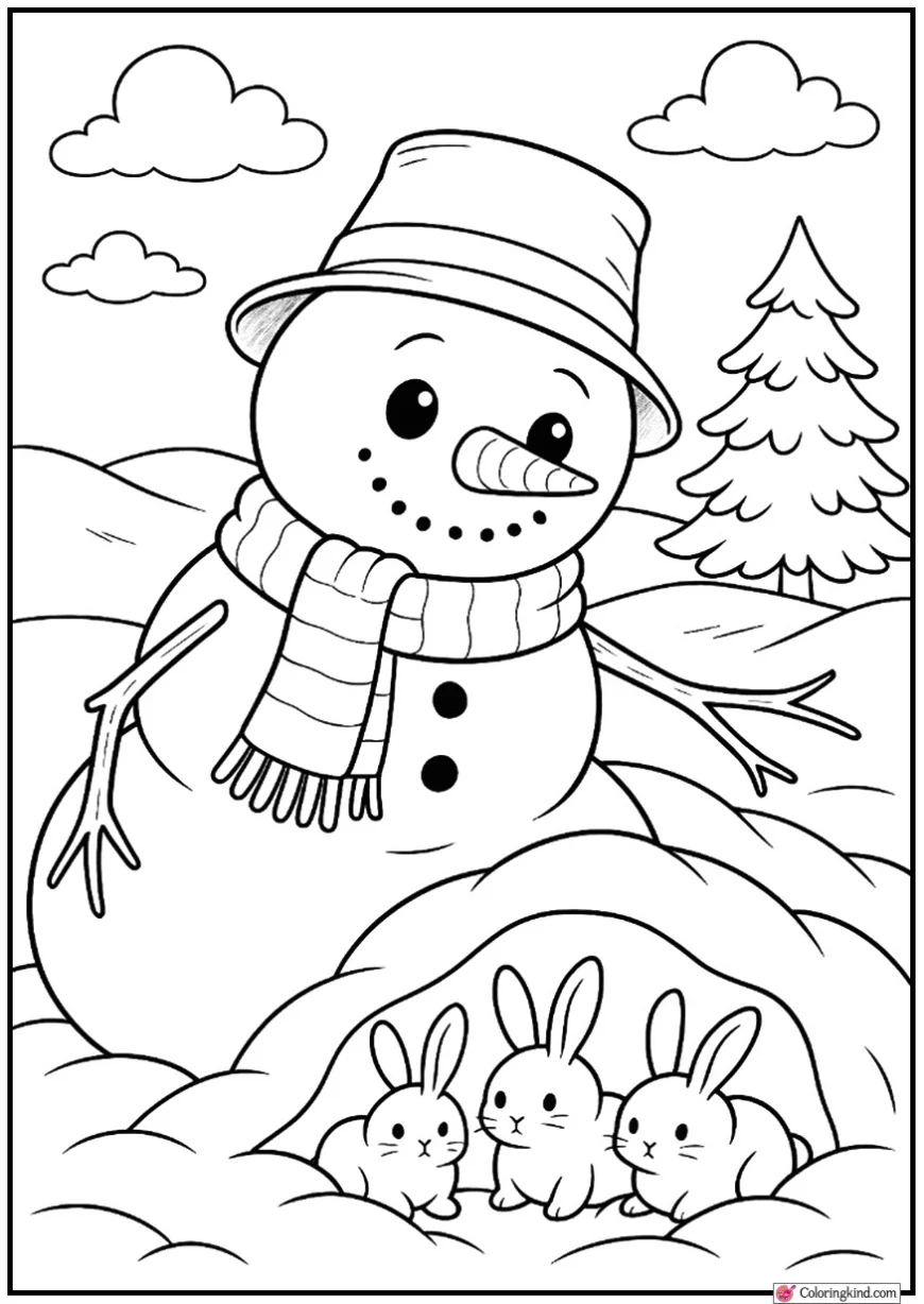 Snowman Protecting Tiny Snow Bunnies in Snowdrift