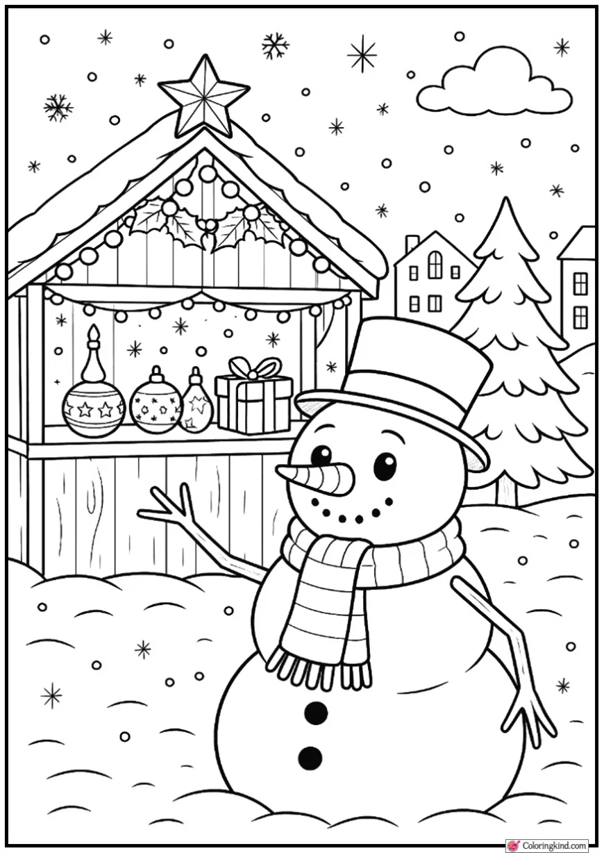 Snowman with Top Hat at Snowy Christmas Market