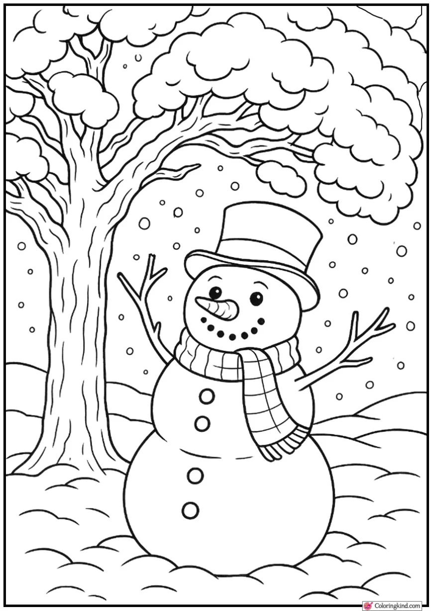 Snowman Posing Under Snow-Laden Oak Tree