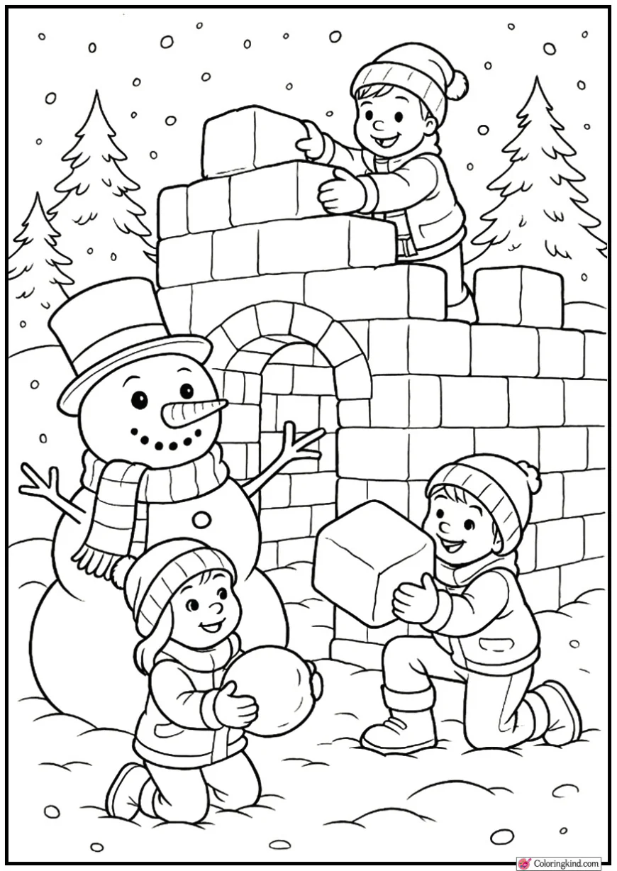Snowman and Kids Building a Giant Snow Fort