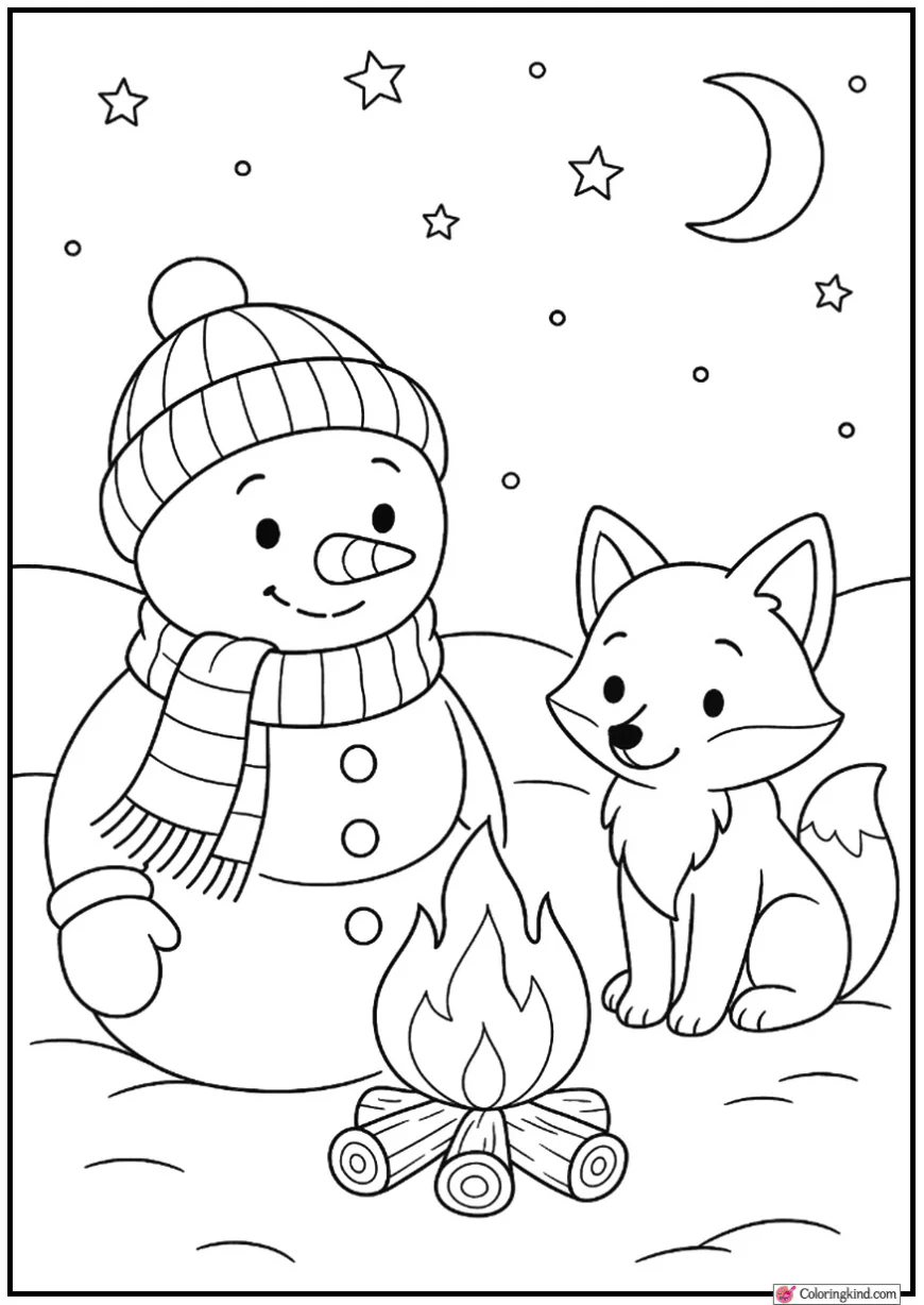 Snowman and Fox Cub Beside Campfire Light
