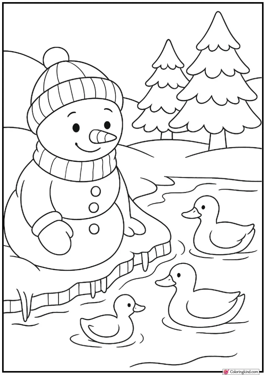 Snowman at Edge of Frozen River with Ducks