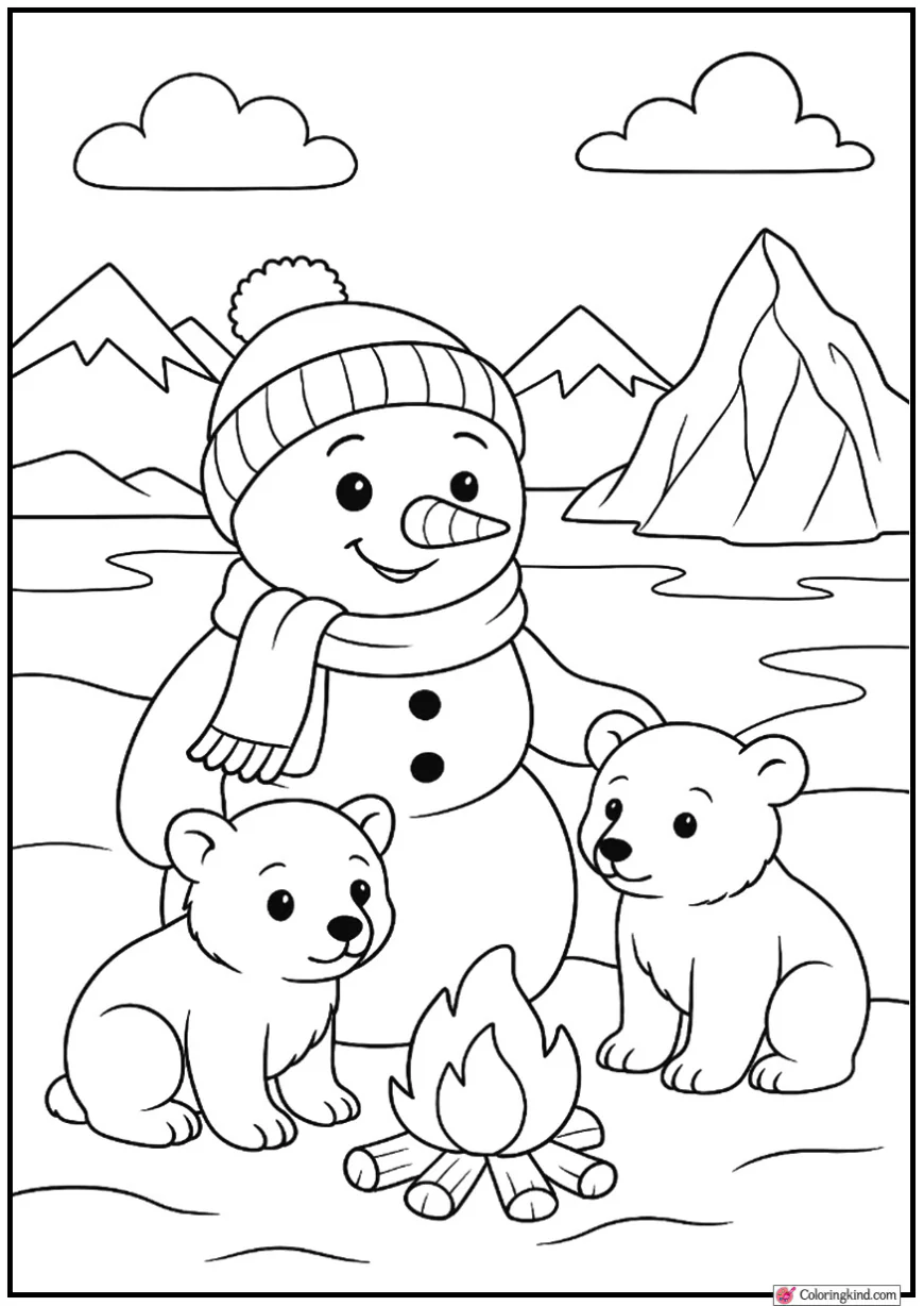 Snowman with Polar Bear Cubs on Glacial Plain
