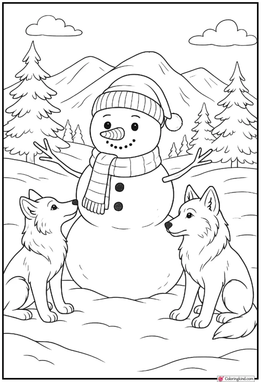 Snowman and Wolves in Peaceful Snow Valley