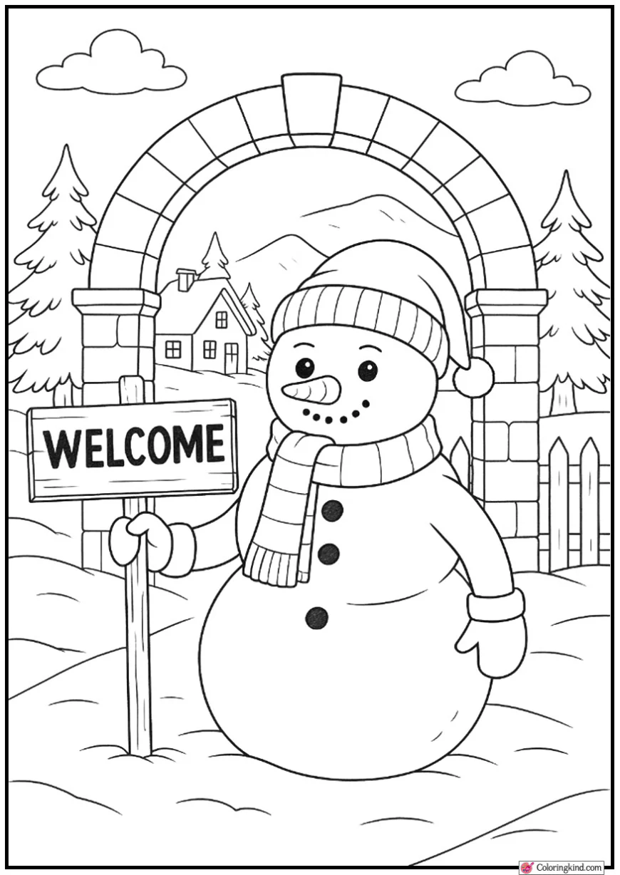 Snowman Holding Welcome Sign at Village Gate
