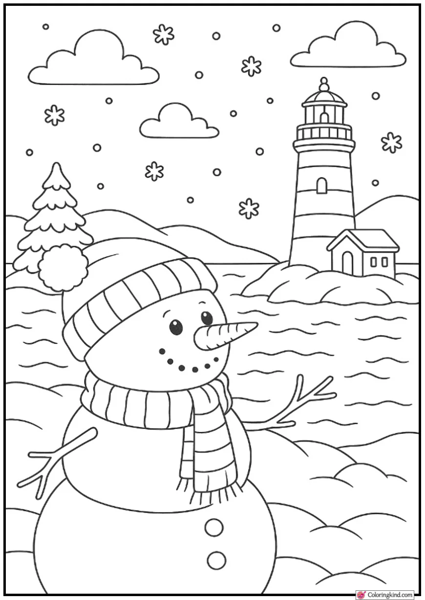 Snowman Overlooking Winter Lighthouse by Sea
