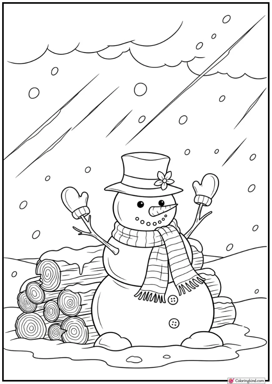 Snowman Resting Beside Log Pile in Snowstorm
