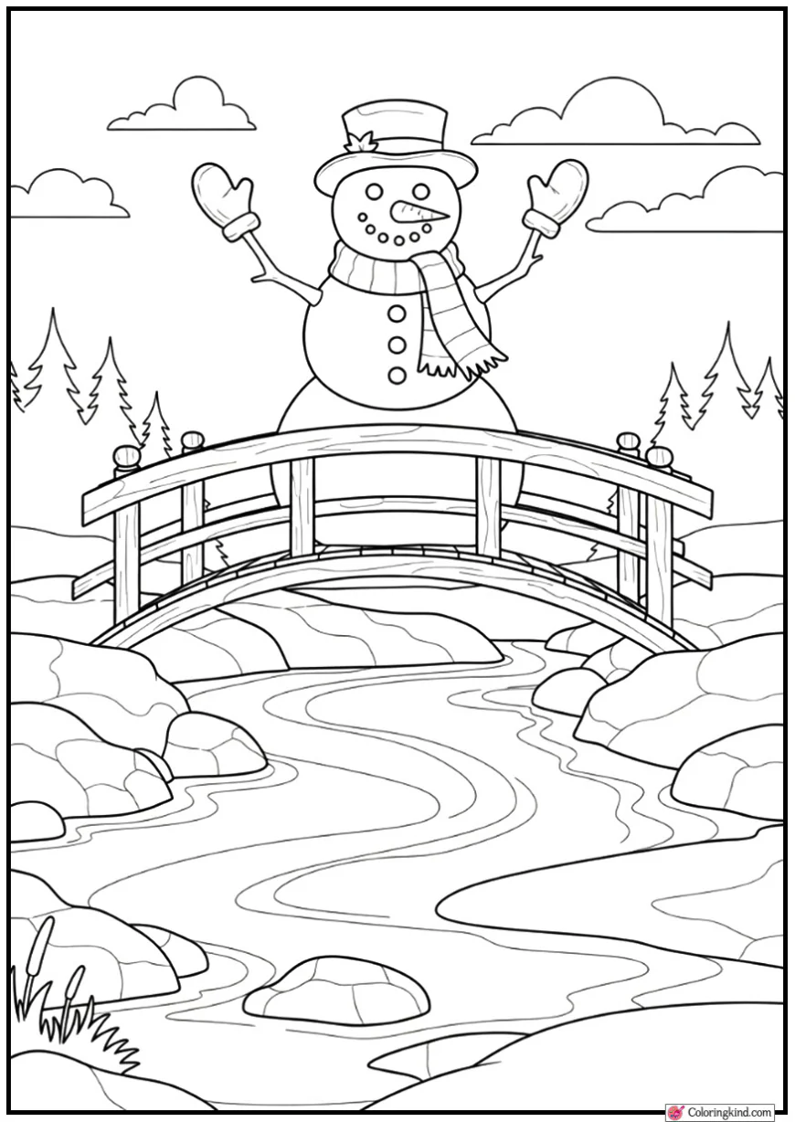 Snowman on Bridge Above Frozen Pond