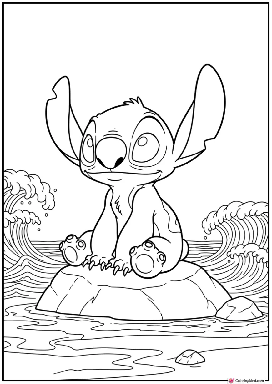 Stitch Sitting on Beach Rock with Ocean Waves