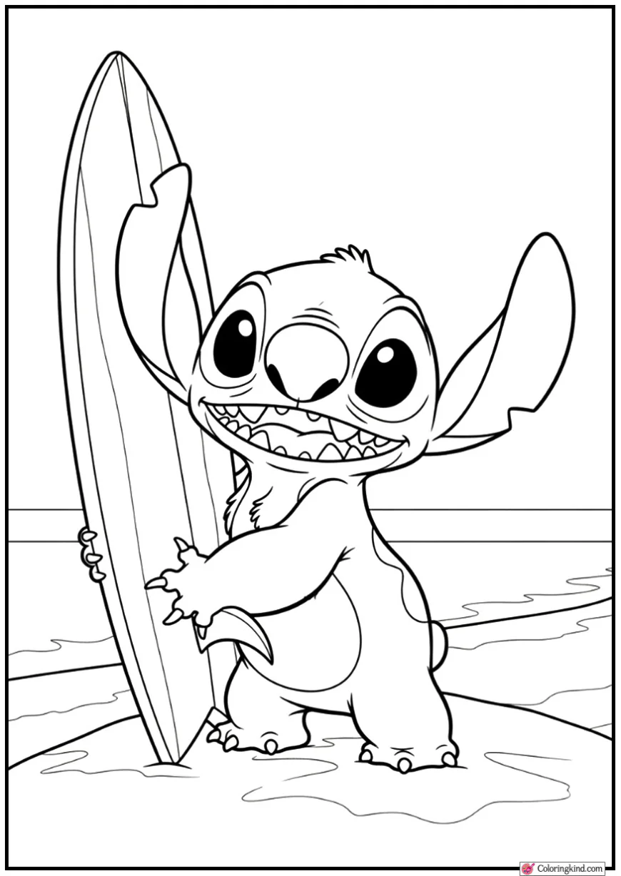 Stitch Holding Surfboard on Sunny Shoreline